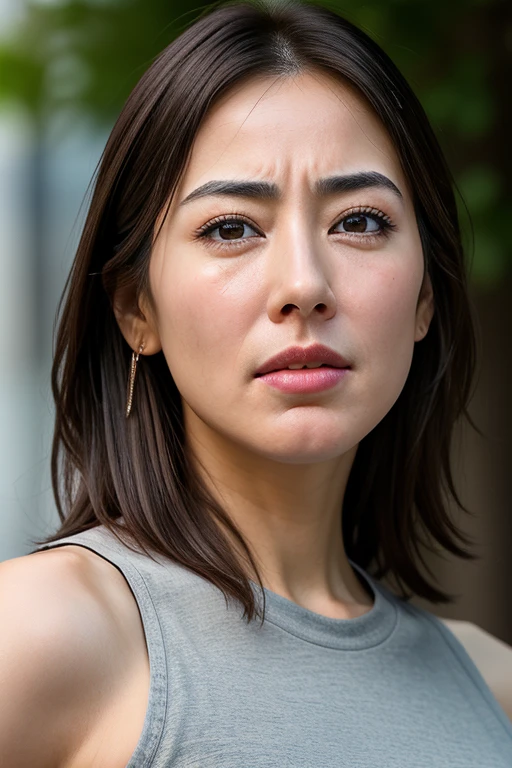 Beautiful Japanese actresses,1 girl,flying debris,,Award-winning photo, Very detailed, Keep your eyes focused, Nose and mouth,Face Focus, Extreme close up of face、 Age 35,Brown Hair、Symmetrical face,Realistic nostrils、Angle from below、Elongated C-shaped nostrils,(Sharp Nose)Sweaty skin、Shiny skin,(Brow wrinkles))(Cum on tongue)、((Thin eyebrows))Oily skin、Glowing Skin、double eyelid、、Beautiful woman、Medium Hair、Shortcuts、Tank top,I can see the sky、Shibuya Center Street、(((Show your side,throw))),Raise your eyebrows, (((Hold your mouth, Frowning, crazy, Frowning))), Textured skin,Long upper arms,((Cry with your eyes open, blush, Drunk, The face of endurance))Squat,Large Breasts,((Always lift your arms and show your sides))Long arms,scowl,smelling, annoyed, sad, sleepy, grimace, endured face
