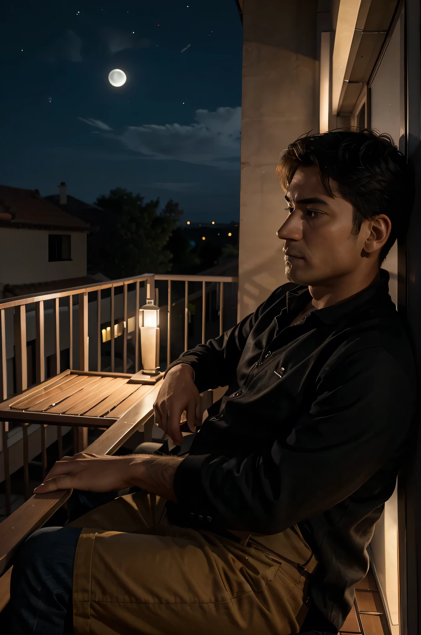 A person sitting in balcony he is sad looking to the moon at night on the top of the another house