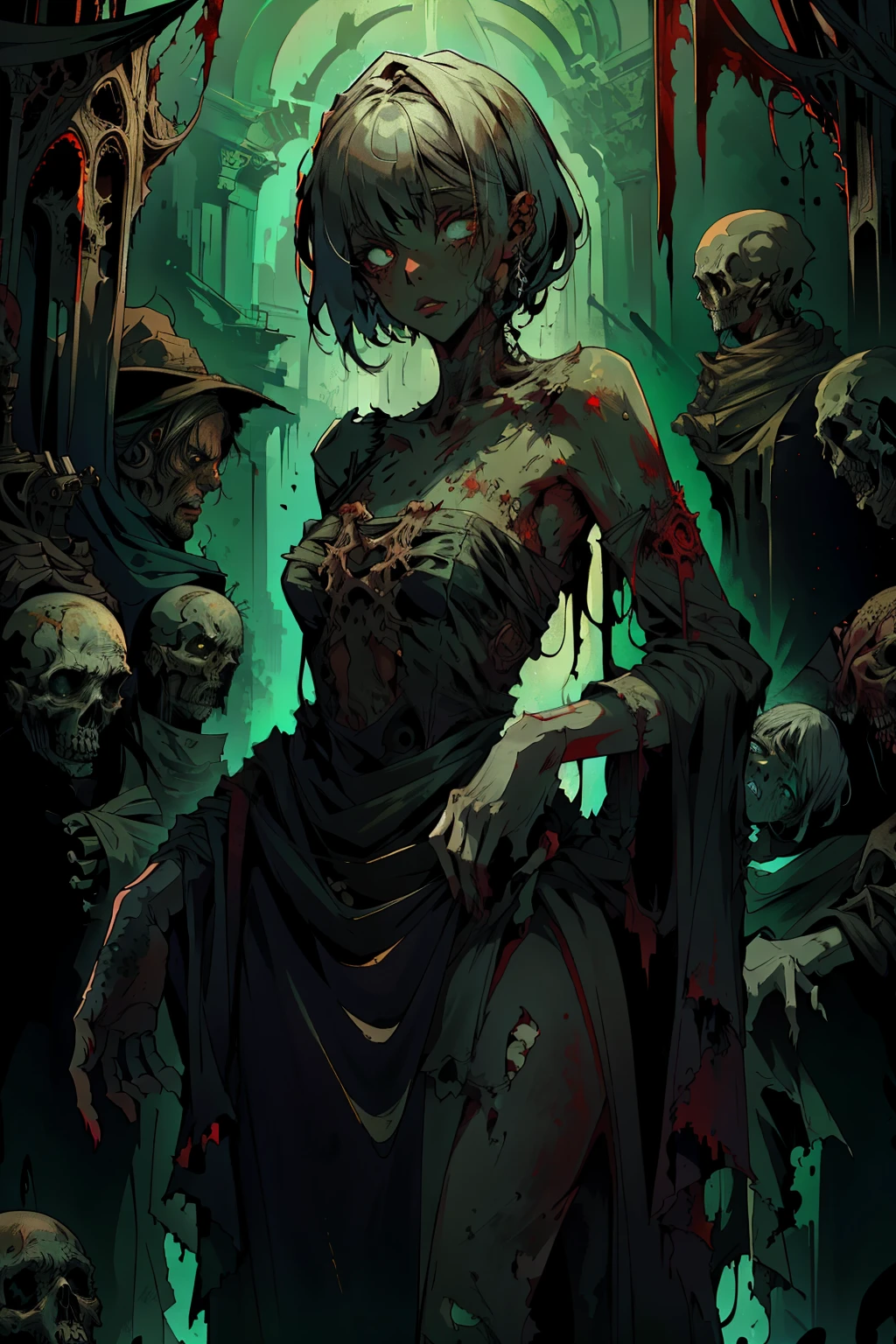 Zombie, living Dead , living Dead girl , short hair , torn long dress , living Dead girl , Whole body , living Dead , Long torn white dress , shroud , at night , Torn dress , living Dead features , sexual body , sexual , She stands directly in front of the viewer, with hands down