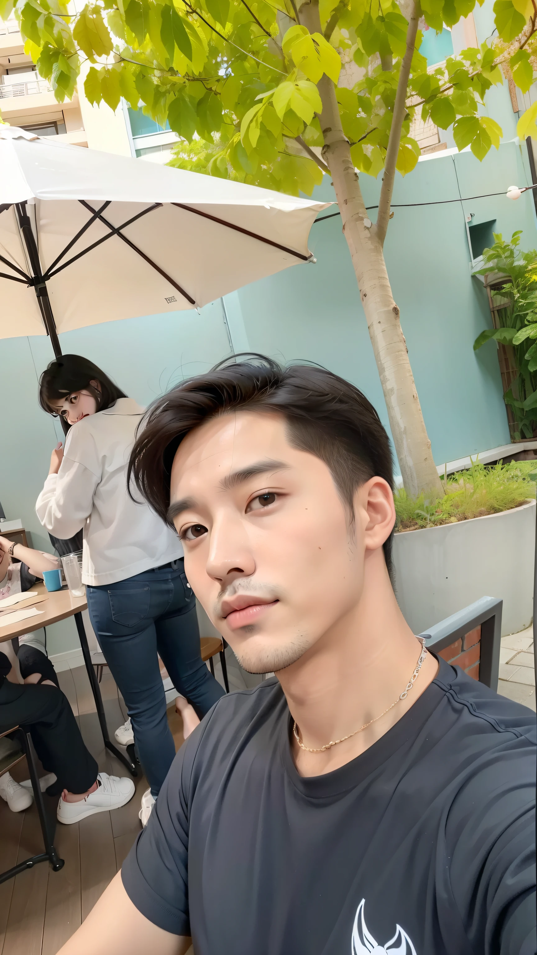 A man sitting at a table,Umbrella in hand, Christopher C. Leeward, Xiaorong, Beautiful Chad Chin, 27 years old, 8k selfie photo, 29 years old, jinyoung shin, Pretty face and beautiful face, 28 years old, Korean men, Inspired by Zhang Han, Sakimichan, For a long time