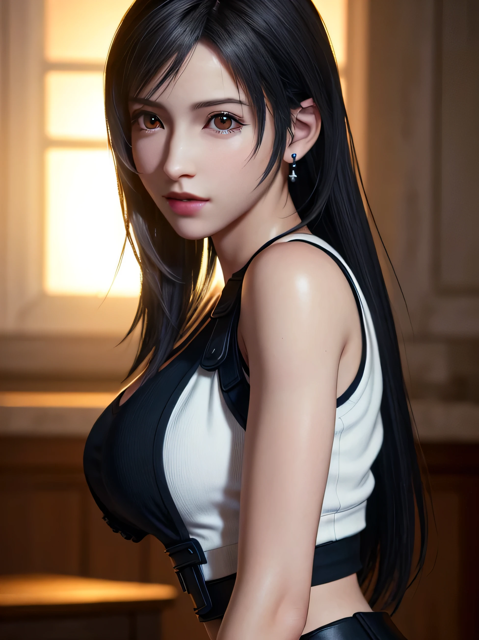 (highest quality, masterpiece: 1.1), (Realistic: 1.3), break (((FF7,Tifa_Lockhart))),(dark, A nearly unlit torture chamber:1.3),(Face Focus:1.3,Face close-up:1.3) break (((FF7,Tifa_Lockhart))),(Light brown hair, Large Breasts: 1.2),(Tifa_Lockhart uniform:1.3, suspenders, Low rise, mini skirt, Tank top),Dressed:1.2, break (((FF7,Tifa_Lockhart))),(Hordes of monsters:1.3),(Lots of monsters:1.2), Wet Hair, Around 18 years old,Sensual, avert your eyes:1.2, Monsters attack,Tifa_Lockhart faghting