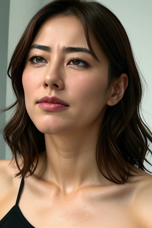 a realistic representation of the face,extremely detailed nose,glossy lips,pores,hyper realistic detail shiny skin,furrowed brow, frown, jitome, scowl