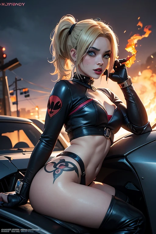 Harley Quinn version injustice 2, mujer sexy, cuerpo perfecto, small and very sexy clothes, cuerpo muy delgado, skynny small and beautiful buttocks, abdomen tonificado, senos grandes, escote, guantes, She is sitting on the Batmobile that is on fire., his laugh is evil, Dramatic background, apocalyptic atmosphere, mirada penetrante, ojos azules y hermosos, tiene tatuajes