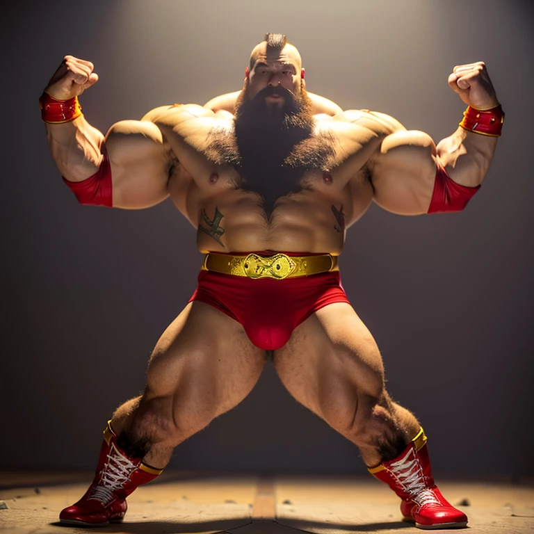 zangief,a man with a beard and a golden belt, fighting game character, street fighter 5,muscled humanoid,heavy looking,buff man,wrestler,Red short briefs,capcom,street fighter,shirtless,muscular male,chest hair,visually weighty,bearded man,mohawk hair,scar,no wristband,Red Wrestling Boots,best quality