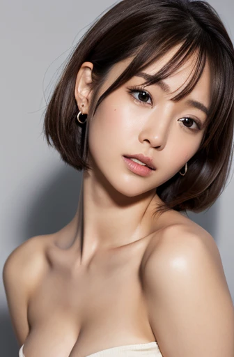 (8k, Realistic:1.4, RAW Photos, Best image quality: 1.4), 1 Japan aunt, Off-the-shoulder tops, Dark Room, night, 6. Cleavage:1.4, Chest to chest, Sleepy expression, double eyelid, Half-open eyes, Round Nose, Thick eyebrows, Thick lips, Light brown hair, sporty short hairstyle, Wearing earrings, Cover your ears with your hair