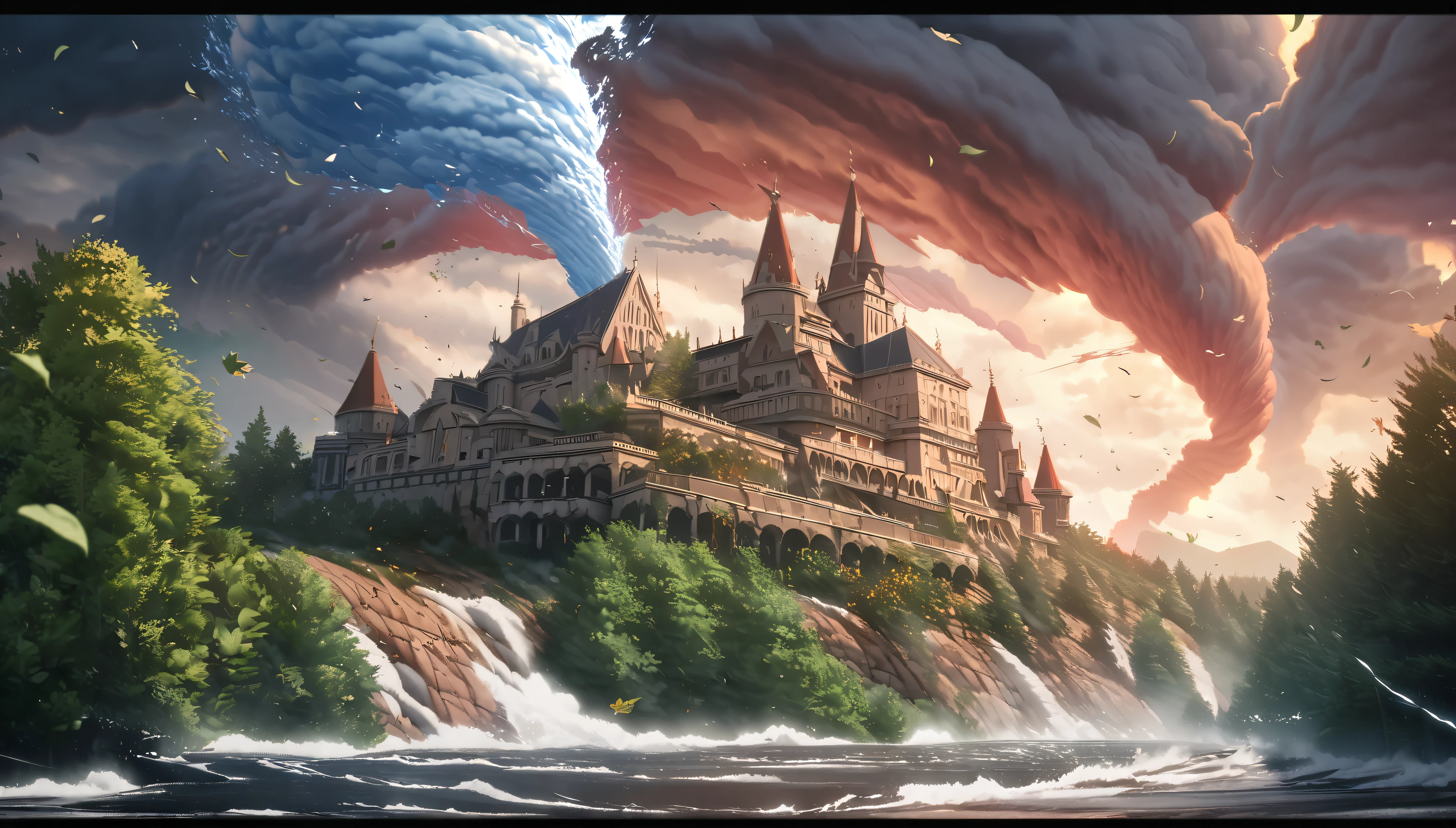 (No People), summer, giant roal fantasy castle with a spherical roof, red, red tiled roof, perfect architecture, rich castle of the queen, catastrophe aestetics, leaves floating in the air, light yellow brick walls, forest arond the castle, big green trees with beautifl leaves, huge tornado aproching the castle, ice tornado near the castle, anime aestetics, catastrophe, perfect tornado shape, strong wind, epic moment, wide shot, from side, highres, best quality, high quality, UHD, masterpiece, 4K, 8k