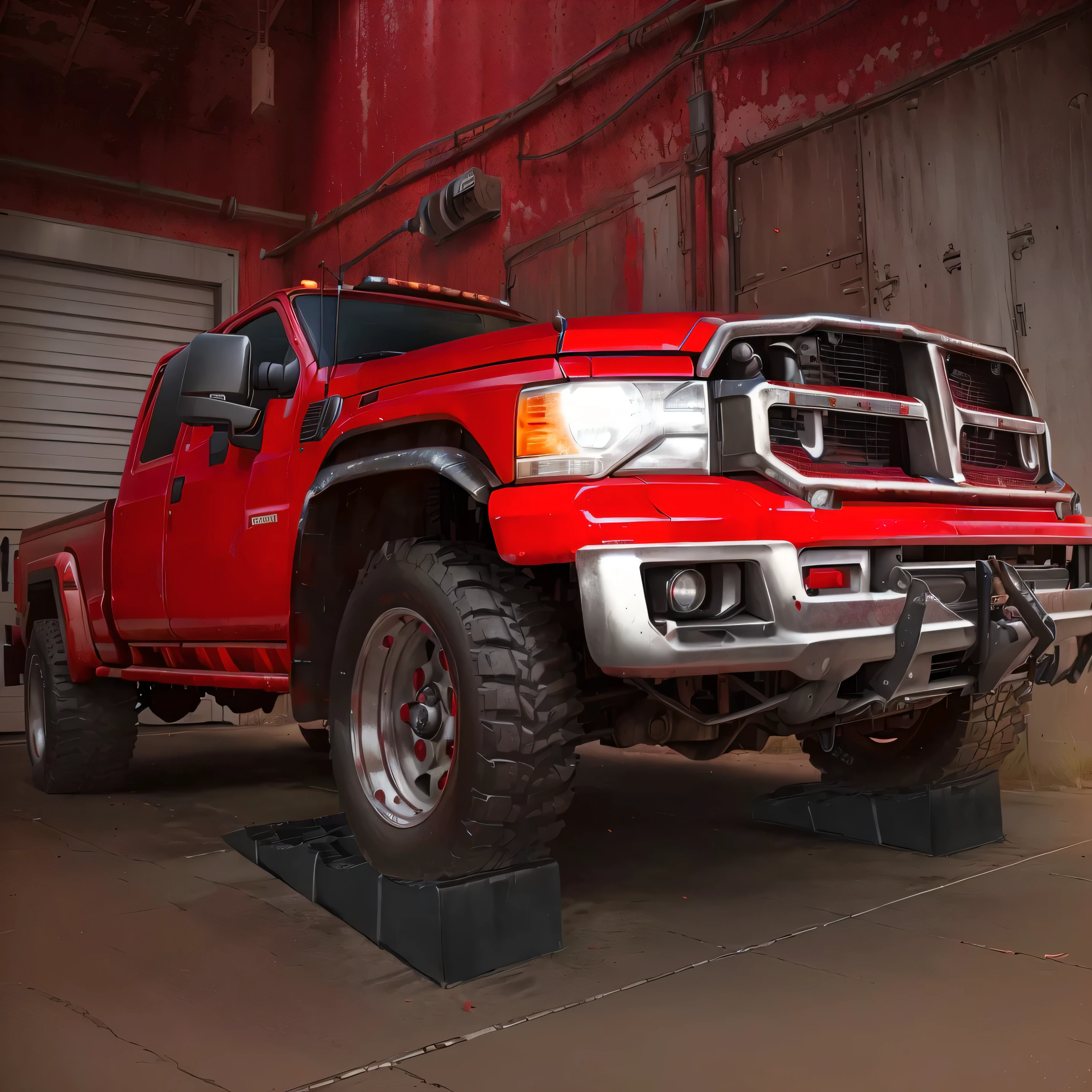 there is a red truck parked in a garage with a red wall, trophy truck, red realistic 3 d render, millennium", majestic, battle ram, truck, Red and movie lights, artistic masterpiece, yokel, , Surrealism, 2011, 2 0 1 1,unbelievably realistic,Real-world scenarios,