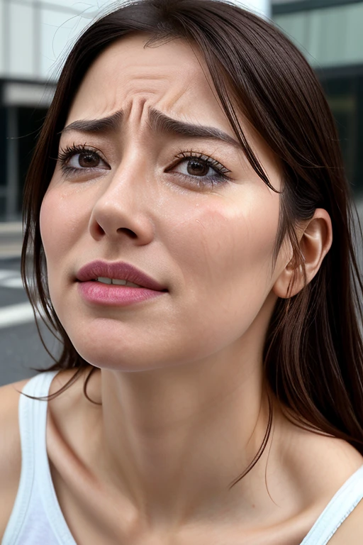 Beautiful Japanese actresses,1 girl,flying debris,,Award-winning photo, Very detailed, Keep your eyes focused, Nose and mouth,Face Focus, Extreme close up of face、 Age 35,Brown Hair、Symmetrical face,Realistic nostrils、Angle from below、Elongated C-shaped nostrils,(Sharp Nose)Sweaty skin、Shiny skin,(Brow wrinkles))（Cum on tongue)、((Thin eyebrows))Oily skin、Glowing Skin、double eyelid、、Beautiful woman、Medium Hair、Shortcuts、Tank top,I can see the sky、Shibuya Center Street、(((Show your side,throw))),Raise your eyebrows, (((Hold your mouth, Frowning, crazy, Frowning))), Textured skin,Long upper arms,((Cry with your eyes open, blush, Drunk, The face of endurance))Squat,Large Breasts,((Always lift your arms and show your sides))Long arms,scowl,smelling, annoyed, sad, sleepy, grimace, endured face