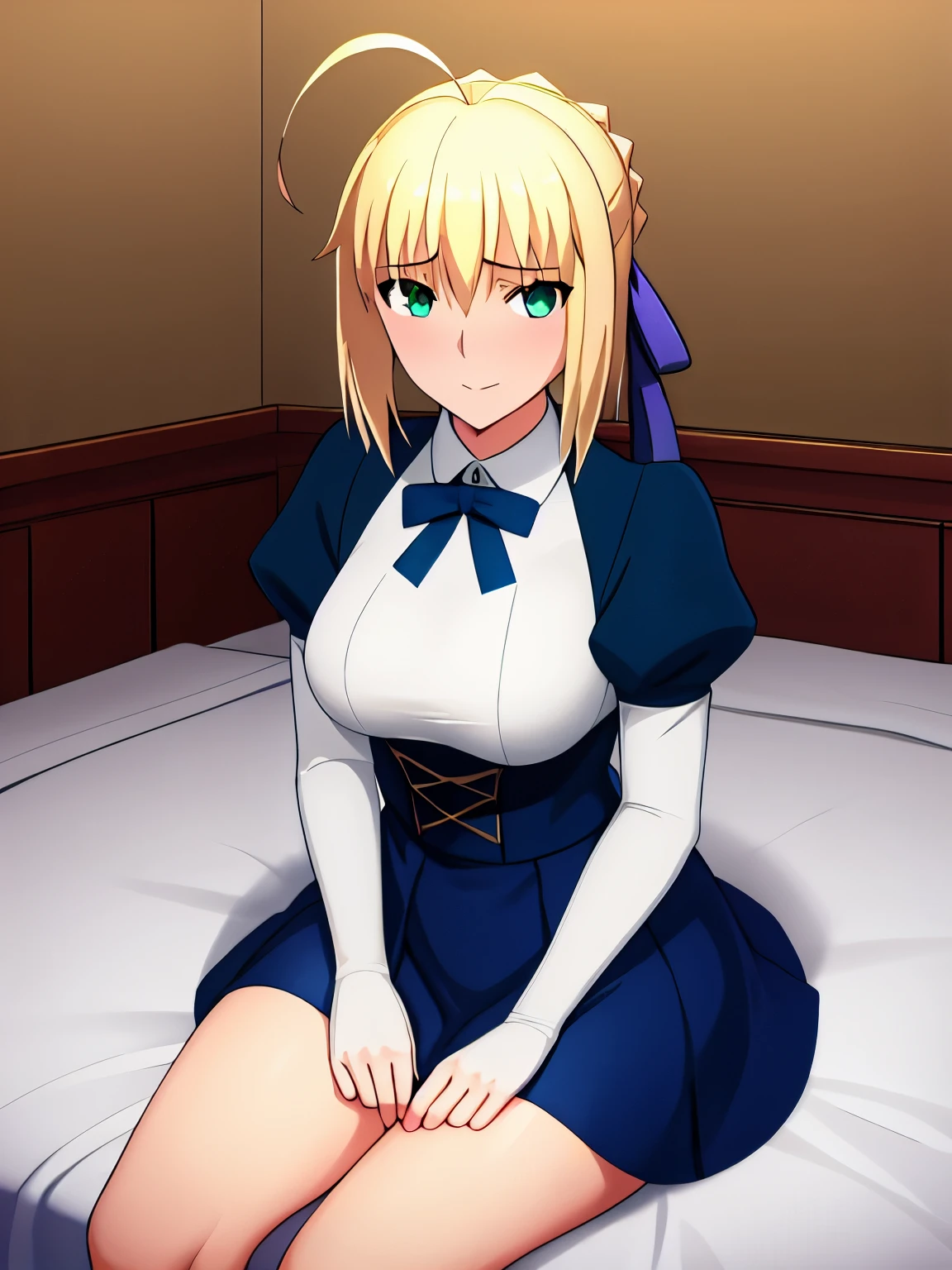 Best_quality, masterpiece, highres, detailed, detailed_background, ray_tracing_graphic, solo, adult_female, {saber_fatestaynightufotable:1.15}, blonde_hair, little_ahoge, detailed_green_eyes, blue_ribbon, 1girl, anime_coloring, detailed_face, happy_face, five_fingers, blush, large_breasts, bunny_girl_costume, from_the_front, sit, bed, dark_room, night_time, looking_at_viewer, oily_skin, detailed_skin, detailed_texture