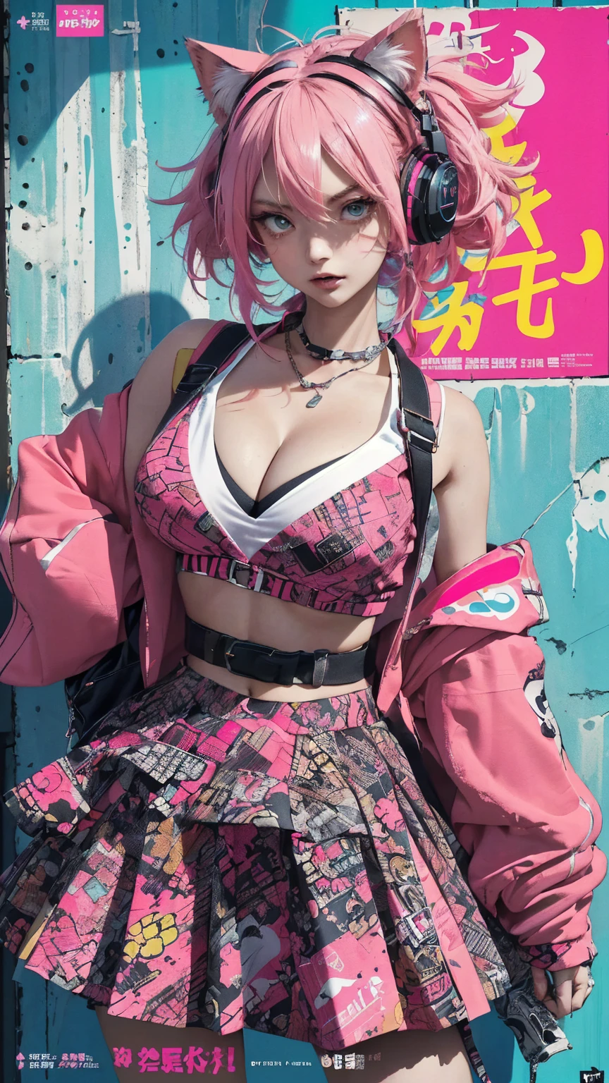 ((((dramatic))), (((gritty))), (((intense))) film poster featuring a neon pink hair young woman as the central character. She stands confidently in the center of the poster, wearing a stylish and edgy cat ear headphones Harajuku-inspired and school girl skirt, with a determined seductive expression on her face. The background is colorful and vibrant, with a sense of danger and intensity. The text is bold and attention-grabbing, with a catchy tagline that adds to the overall feeling of drama and excitement. The color palette is perfect mainly bright with splashes of vibrant colors, giving the poster a dynamic and visually striking appearance,tachi-e
(magazine:1.3), (cover-style:1.3), fashionable, woman, vibrant, school girl outfit, sexy seductive slutty posing, front, colorful, dynamic, background, elements, confident, seductive expression, holding, statement, accessory, majestic, coiled, around, touch, scene, text, cover, bold, attention-grabbing, title, stylish, font, catchy, headline, larger, striking, modern, trendy, focus, Harajuku-inspired fashion,huge perky breasts, deep cleavage