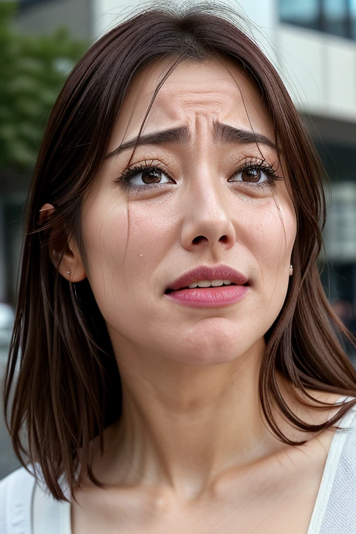 Beautiful Japanese actresses,1 girl,flying debris,,Award-winning photo, Very detailed, Keep your eyes focused, Nose and mouth,Face Focus, Extreme close up of face、 Age 35,Brown Hair、Symmetrical face,Realistic nostrils、Angle from below、Elongated C-shaped nostrils,(Sharp Nose)Sweaty skin、Shiny skin,(Brow wrinkles))(Cum on tongue)、((Thin eyebrows))Oily skin、Glowing Skin、double eyelid、、Beautiful woman、Medium Hair、Shortcuts、Tank top,I can see the sky、Shibuya Center Street、(((Show your side,throw))),Raise your eyebrows, (((Hold your mouth, Frowning, crazy, Frowning))), Textured skin,Long upper arms,((Cry with your eyes open, blush, Drunk, The face of endurance))Squat,Large Breasts,((Always lift your arms and show your sides))Long arms,scowl,smelling, annoyed, sad, sleepy, grimace, endured face