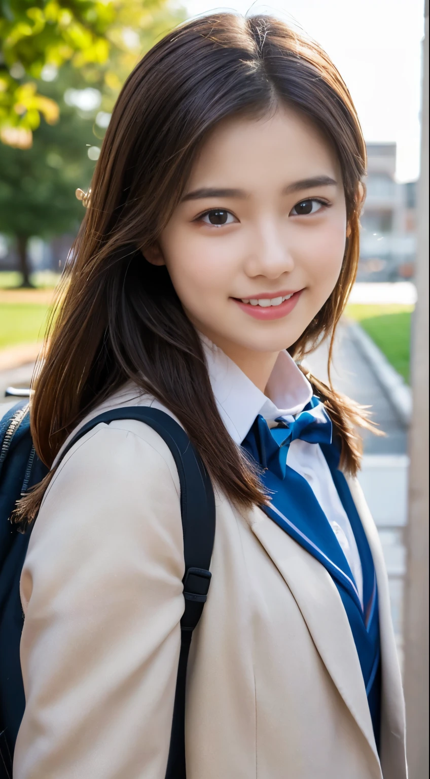 (highest quality,8K quality,masterpiece:1.3),(Ultra-high resolution,Photorealistic:1.4,RAW Photos),(Very detailed,Caustics,Detailed Background),(Ultra-Realistic Capture,Beautiful and detailed skin,Perfect Anatomy),high school student、School building,Schoolyard,18-year-old,cute,single eyelid,School Blazer Uniform,Looking at the camera,Laughter,Bust up shot,Natural soft light