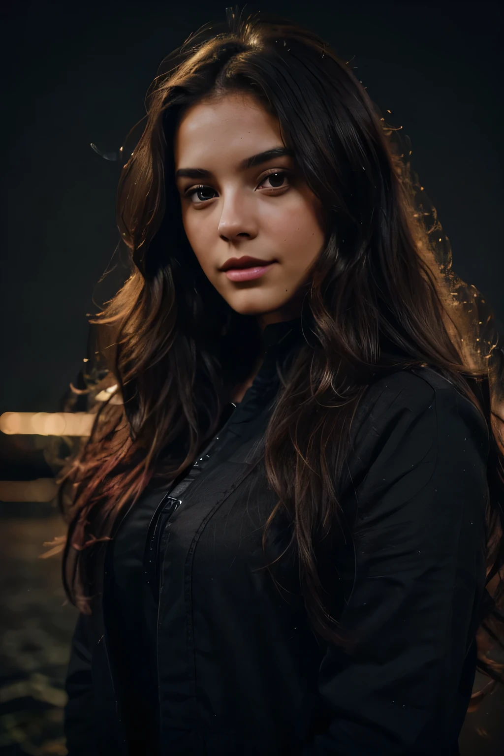 super cute brunette woman, long wavy hair, in a dark theme