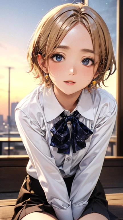 (Top quality masterpiece:1.2) Delicate illustrations, Very detailed, /Beautiful Japanese Woman、1 person,Very cute and slim、Excellent style 、((8K images、super high quality))、Very delicate face, Beautiful forehead、Beautiful thighs、Deep red lipstick,(((((short hair、Brown and blonde gradation hair))))),very cute、Kind eyes,(White shirt、skirt)、starry skies、Tokyo night view、Cafe、Date