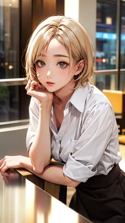(Top quality masterpiece:1.2) Delicate illustrations, Very detailed, /Beautiful Japanese Woman、1 person,Very cute and slim、Excellent style 、((8K images、super high quality))、Very delicate face, Beautiful forehead、Beautiful thighs、Deep red lipstick,(((((short hair、Brown and blonde gradation hair))))),very cute、Kind eyes,(White shirt、skirt)、starry skies、Tokyo night view、Cafe、Date