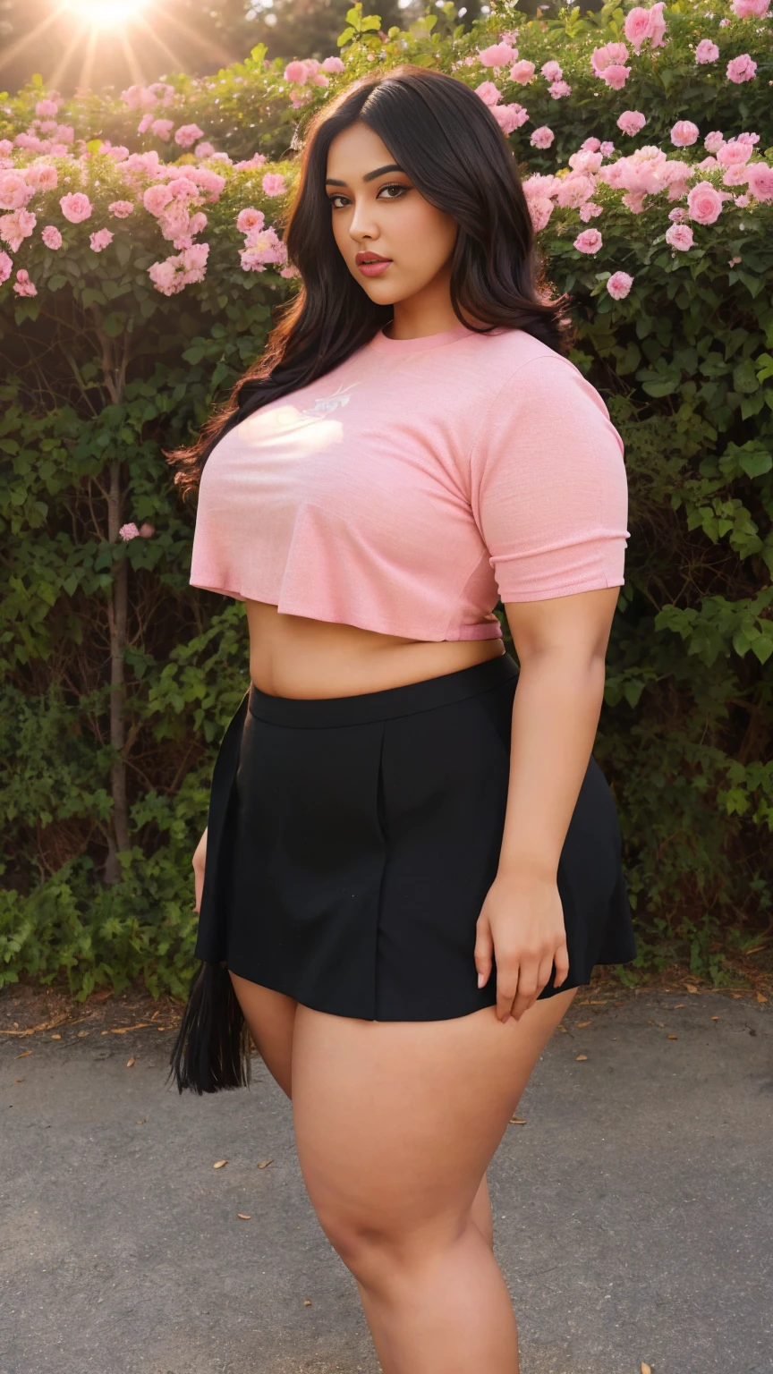 realistic, 1 Indian gorgeous curvy plus size woman , black hair, black eyes, glowing eyes, pink crop top, skirt, parted lips, blush, night, flowers, sun, sunlight, thick thighs, bigger waist, curvy plus size body, full body, close body shot, hourglass body