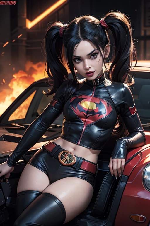 Harley Quinn version injustice 2, mujer sexy, cuerpo perfecto,iconic dc comics costume, small and very sexy clothes, cuerpo muy delgado, skynny, small and beautiful buttocks, abdomen tonificado, senos grandes, escote amplio, guantes, She is sitting on the Batmobile that is on fire., his laugh is evil, Dramatic background, apocalyptic atmosphere, mirada penetrante, ojos azules y hermosos, tiene tatuajes, classic two pigtails hairstyle