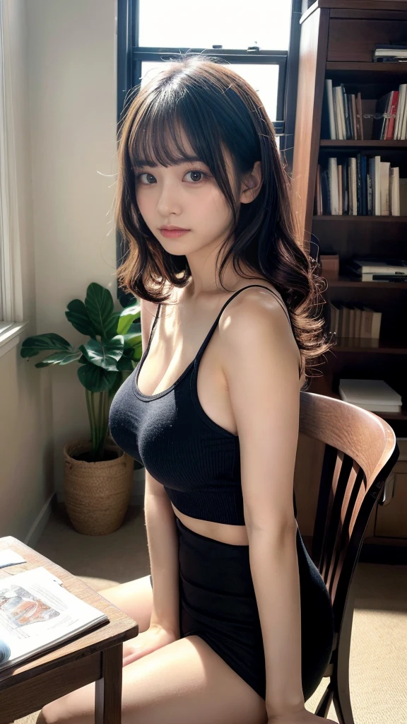 muste piece, best quality, illustration, Super detailed, fine details, High resolution, 8K,wall paper, perfect dynamic composition,(Details High quality, realistic depiction of eyes:1.3), from side, tanktop, (huge breasts), Erotic shorts, short hair, (wavy hair:1.2), black hair color, Big Natural Color Lip, (living room, Studying at a desk, sitting, crossed arms), crying a little、cold gaze, Harajuku style、20 year old girl、cute type、ta, Gravure Idol, full body photo、focus on crotch