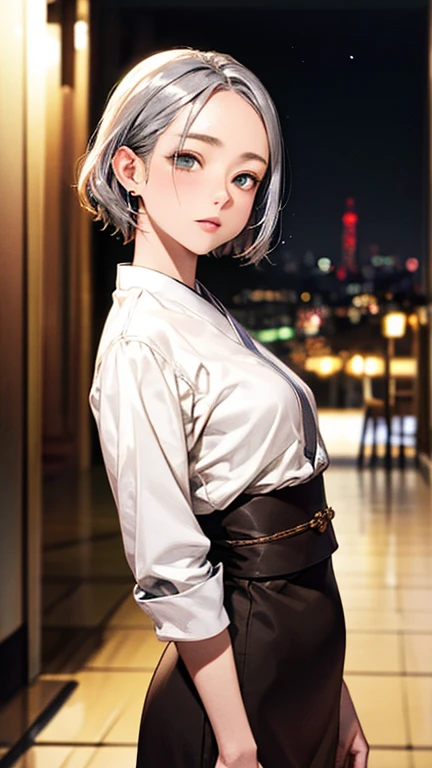 (Top quality masterpiece:1.2) Delicate illustrations, Very detailed, /Beautiful Japanese Woman、1 person,Very cute and slim、Excellent style 、((8K images、super high quality))、Very delicate face, Beautiful forehead、Beautiful thighs、Deep red lipstick,(((((short hair、Brown and silver gradation hair))))),very cute、Kind eyes,(White shirt、skirt)、starry skies、Tokyo night view、Cafe、Date