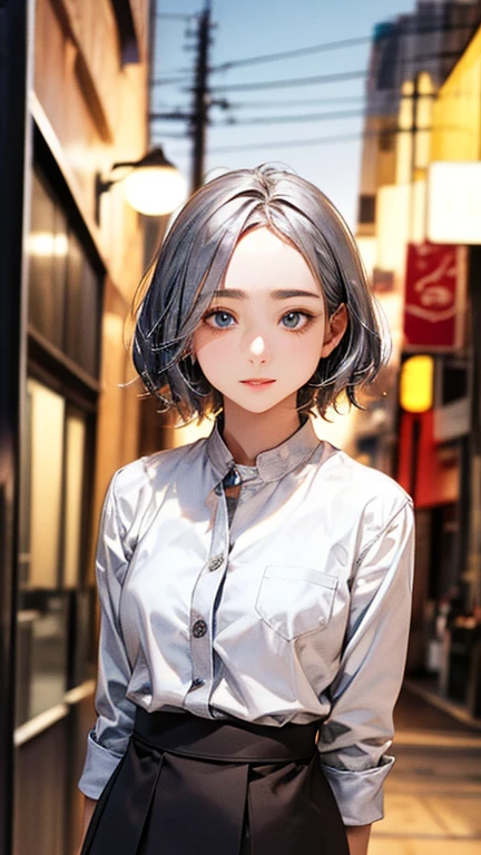 (Top quality masterpiece:1.2) Delicate illustrations, Very detailed, /Beautiful Japanese Woman、1 person,Very cute and slim、Excellent style 、((8K images、super high quality))、Very delicate face, Beautiful forehead、Beautiful thighs、Deep red lipstick,(((((short hair、Brown and silver gradation hair))))),very cute、Kind eyes,(White shirt、skirt)、starry skies、Tokyo night view、Cafe、Date