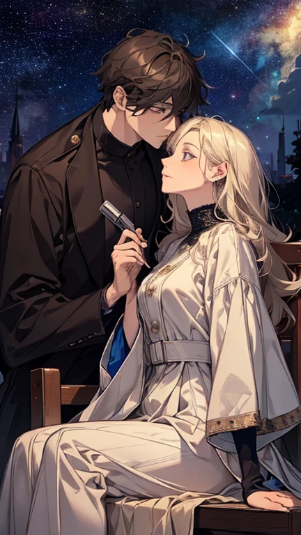 masterpiece, highest quality, 2. he, Couple, One Man and One Woman,mature, Adult,height difference,Different Fashion, Different colors, Beautiful eyes and a beautiful face, Intricate details, coat,Starry Sky,I&#39;Being there for you,smile, Happy,The man has dark blue hair,A man with a navy blue low ponytail,Men should wear a navy blue low ponytail..,長いSilver-haired woman,The woman has her long silver hair down..,Silver-haired woman,Navy Eyed Man, Woman with reddish brown eyes
