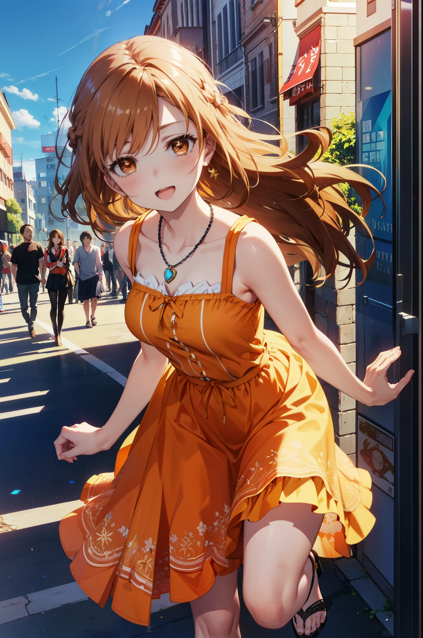 a sun ayuuki, a sun a yuuki, Long Hair, Brown Hair, (Brown eyes:1.8)Medium chest,happy smile, smile, Open your mouth,Locket Necklace,Red sleeveless dress,Red long skirt,Cute heeled sandals,True Summer,Daytime,Clear skies,whole bodyがイラストに入るように,
break outdoors, In town,Building district,crowd, people々々,
break looking at viewer, whole body,
break (masterpiece:1.2), highest quality, High resolution, unity 8k wallpaper, (figure:0.8), (Beautiful fine details:1.6), Highly detailed face, Perfect lighting, Highly detailed CG, (Perfect hands, Perfect Anatomy),