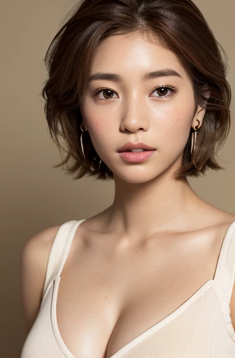 (8k, Realistic:1.4, RAW Photos, Best image quality: 1.4), One Japanese woman, Around 60 years old, freckles, Off-the-shoulder tops, Dark Room, night, 6. :1.4, Chest to chest, Sleepy expression, double eyelid, Half-open eyes, Round Nose, Thick eyebrows, Thick lips, Light brown hair, Short Hair, Sporty hairstyle, Wearing earrings, Cover your ears with your hair