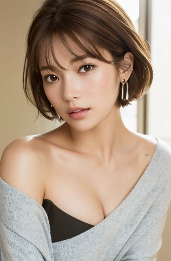 (8k, Realistic:1.4, RAW Photos, Best image quality: 1.4), One Japanese woman, Around 60 years old, freckles, Off-the-shoulder tops, Dark Room, night, 6. Cleavage:1.4, Chest to chest, Sleepy expression, double eyelid, Half-open eyes, Round Nose, Thick eyebrows, Thick lips, Light brown hair, Short Hair, Sporty hairstyle, Wearing earrings, Cover your ears with your hair