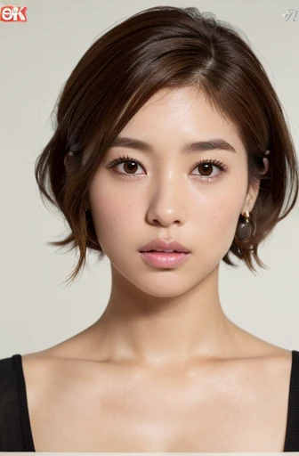 (8k, Realistic:1.4, RAW Photos, Best image quality: 1.4), One Japanese woman, Around 60 years old, freckles, Off-the-shoulder tops, Dark Room, night, 6. Cleavage:1.4, Chest to chest, Sleepy expression, double eyelid, Half-open eyes, Round Nose, Thick eyebrows, Thick lips, Light brown hair, Short Hair, Sporty hairstyle, Wearing earrings, Cover your ears with your hair