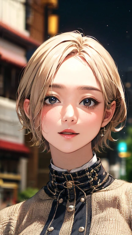 (Top quality masterpiece:1.2) Delicate illustrations, Very detailed, /Beautiful Japanese Woman、1 person,Very cute and slim、Excellent style 、((8K images、super high quality))、Very delicate face, Beautiful forehead、Beautiful thighs、Deep red lipstick,(((((short hair、Brown and blonde mesh hair))))),very cute、Kind eyes,(White shirt、skirt)、starry skies、Tokyo night view、Cafe、Date