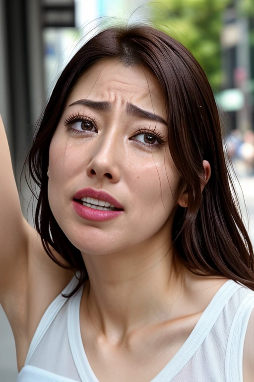 Beautiful Japanese actresses,1 girl,flying debris,,Award-winning photo, Very detailed, Keep your eyes focused, Nose and mouth,Face Focus, Extreme close up of face、 Age 35,Brown Hair、Symmetrical face,Realistic nostrils、Angle from below、Elongated C-shaped nostrils,(Sharp Nose)Sweaty skin、Shiny skin,(Brow wrinkles))（Cum on tongue)、((Thin eyebrows))Oily skin、Glowing Skin、double eyelid、、Beautiful woman、Medium Hair、Shortcuts、Tank top,I can see the sky、Shibuya Center Street、(((Show your side,throw))),Raise your eyebrows, (((Hold your mouth, Frowning, crazy, Frowning))), Textured skin,Long upper arms,((Cry with your eyes open, blush, Drunk, The face of endurance))Squat,Large Breasts,((Always lift your arms and show your sides))Long arms,scowl,smelling, annoyed, sad, sleepy, grimace, endured face