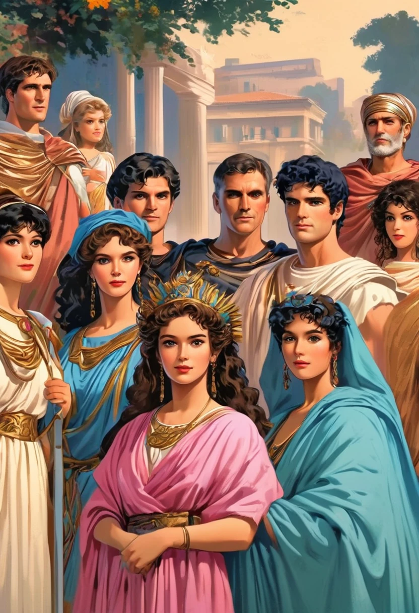 Anime look with 80s style vaporwave  incredibly highly detailed very accurate ancient classical historical looking authentic accurate lifelike dignified very good looking beautiful and cute looking roman ancient important large extended roman bigger family group males females husband and his wife older also having included young kids servants in home gardens black- brown haired brown eyed darker mediterranean looking very italian full of life and colors multiethnic ancient Rome icluding some people of color feeling.Accurate Historical Classical Ancient Roman Dress style designs patterns.Bright Rich Lush Vivid Brilliant colors coloring luxuriant all included in this art