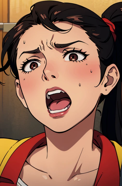 up Brazilian brown adult Beauty Black Hair Wave ponytail Open Eyes Open Mouth lipstick Painful expression Sweat Gasping Red cheeks