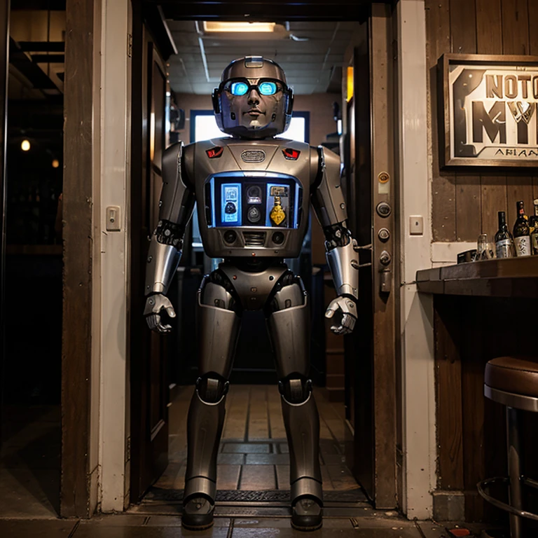Robot guarding the door of a bar checking a mclovin ID