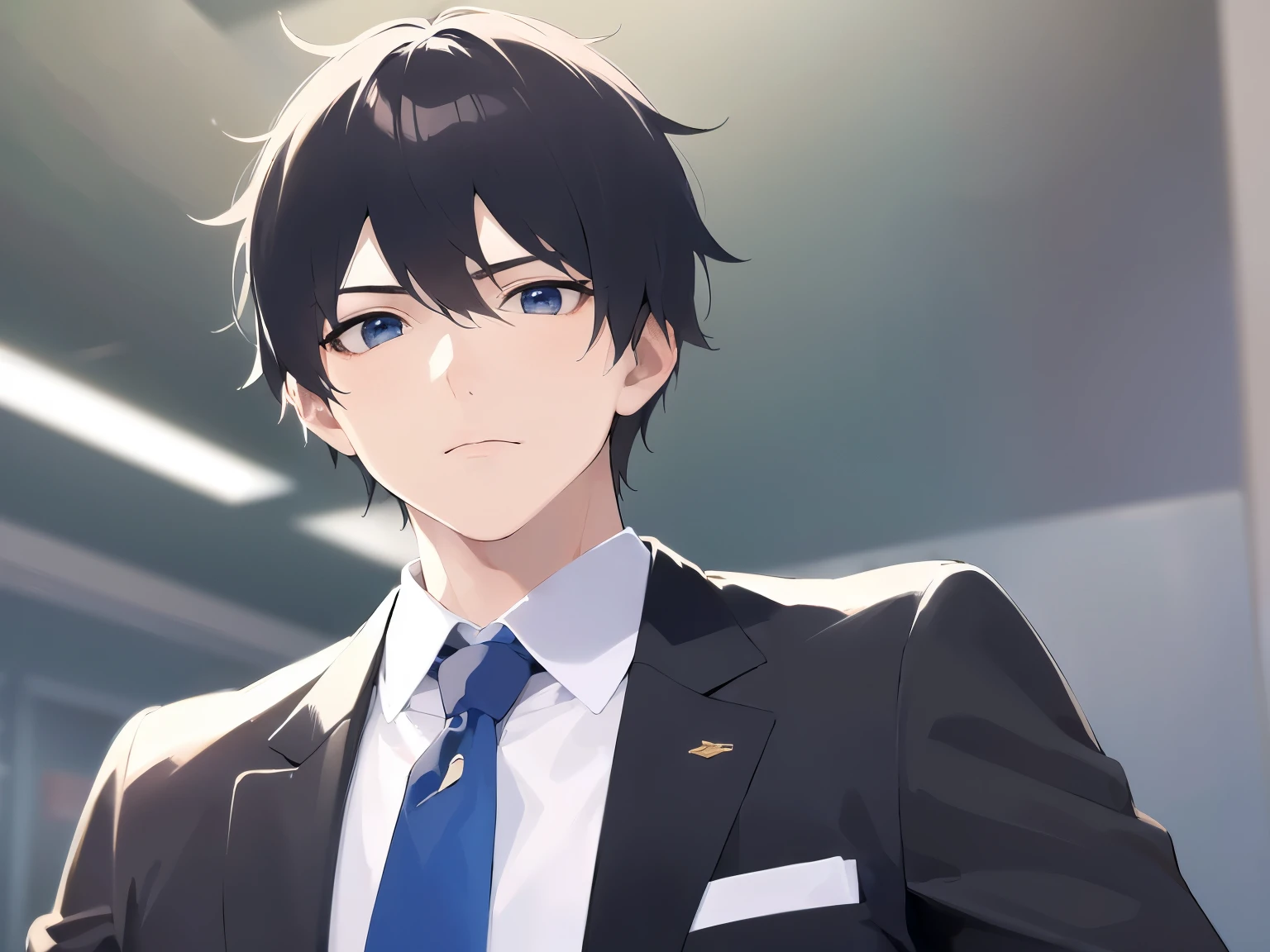 Shooting from below、upper body、shiny skin, masterpiece、highest quality、(25-year-old male:1.5) and (Black short hair) and (blue eyes), (Wearing a suit:1.5) and (White collared shirt) and (Blue tie)、Are standing、Bad mood、The background is the office、(Alone:1.5)