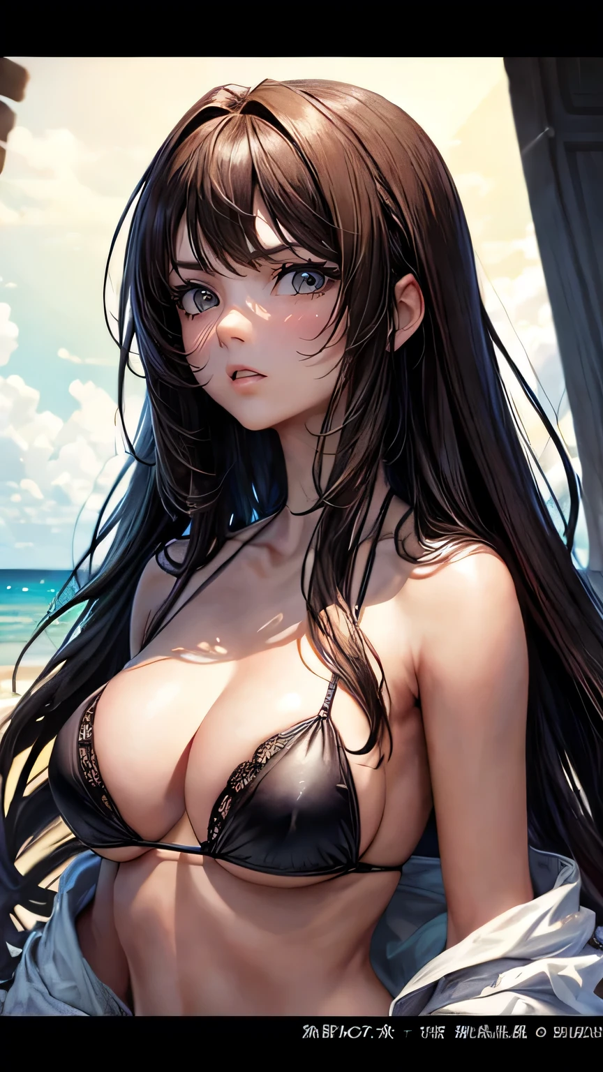 (oil, masterpiece, highest quality, Super detailed, Focus on the characters), Detailed facial expression depiction,Long brown hair, Detailed hair depiction,Silky Hair,([return:0.8]|[ face facing returnwards:1.1]), Angry face,Black Micro Bikini,Super big breasts,([Hot beach scenario:1.2]|[ ground:1.3]| [High Contrast:1.1])  