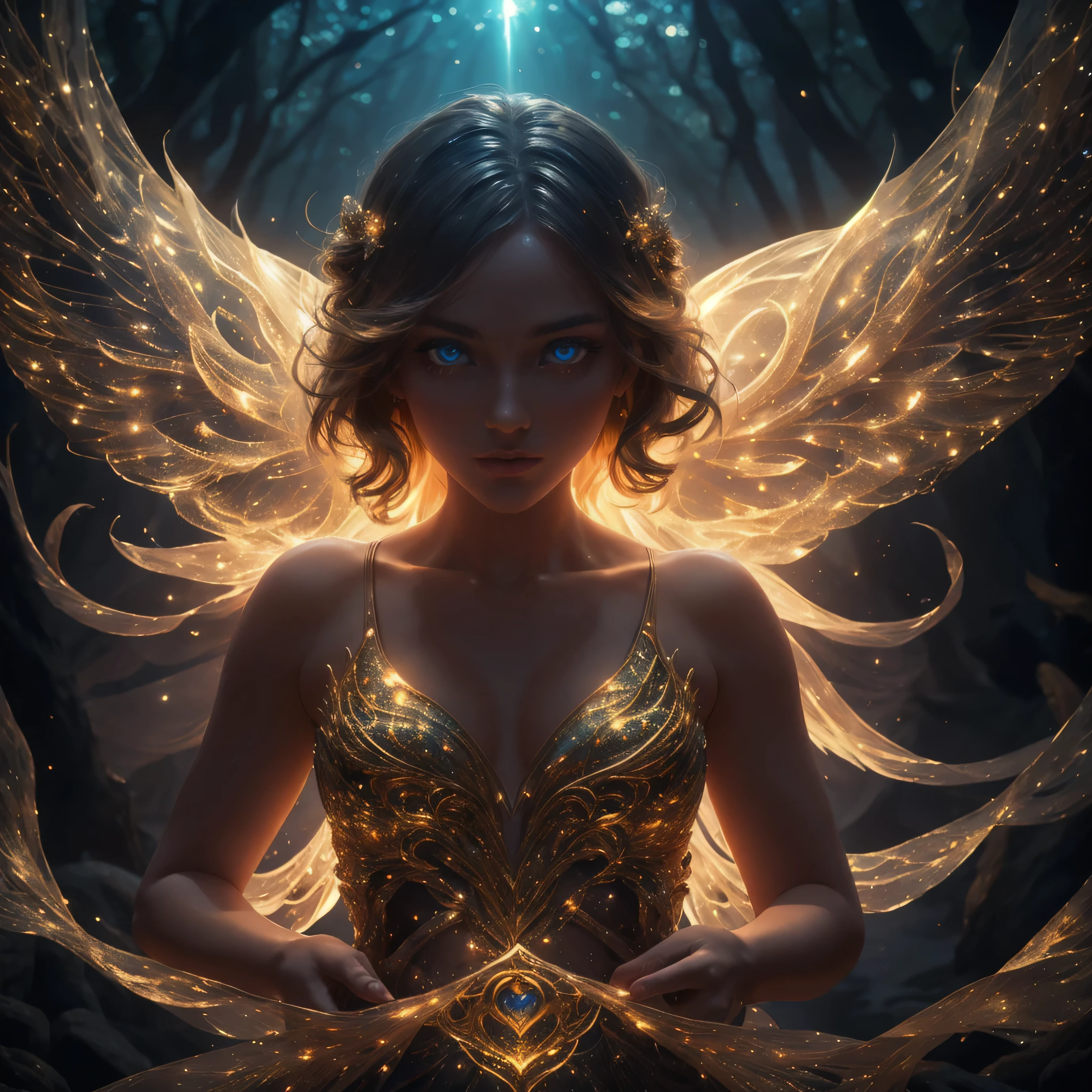 Highest image quality, ultra high definition, masterpiece, flower of life, Enlightenment, golden heart, celestial being accending,Fluorescent wings, depth in eyes, super realistic eyes, light and shadow, particle light, particle special effects, Bioluminescence, beautiful romance, beautiful, dream highest quality, ultra high definition, masterpiece, exquisite CG, exquisite details, rich picture layers, beautiful, perfect details, best quality, highest image quality, high resolution, high definition, 16k, 8k, UHD, HDR, HD,--v5,--ar