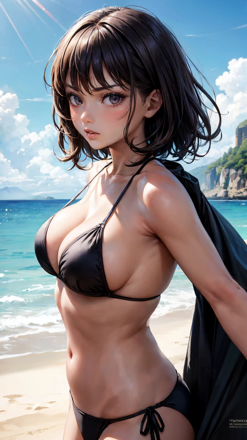 (oil, masterpiece, highest quality, Super detailed, Focus on the characters), Detailed facial expression depiction,Short brown hair, Detailed hair depiction,Silky Hair,([return:0.8]|[ face facing returnwards:1.1]), Angry face,Black Micro Bikini,Super big breasts,([Hot beach scenario:1.2]|[ ground:1.3]| [High Contrast:1.1])  