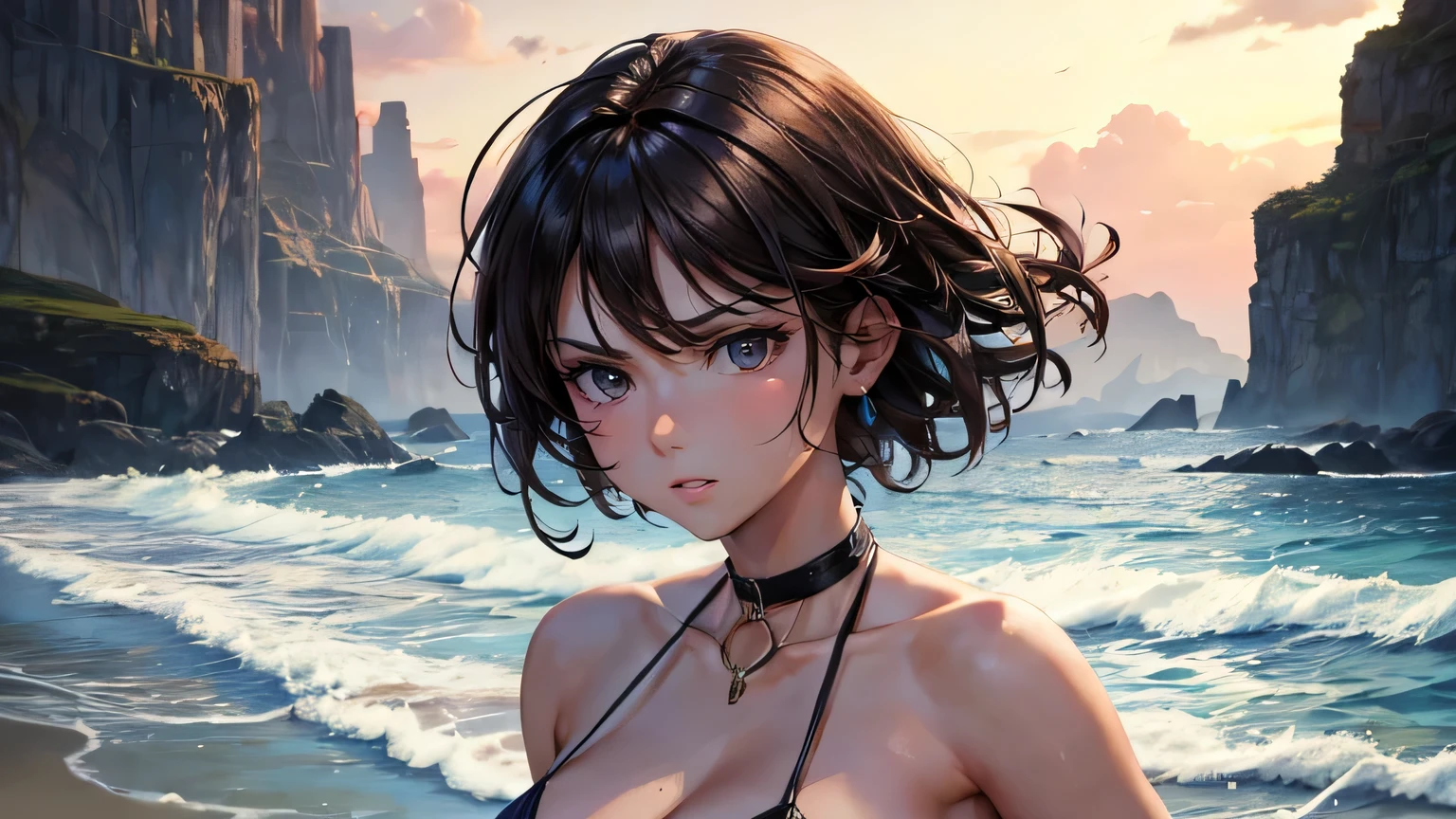 (oil, masterpiece, highest quality, Super detailed, Focus on the characters), Detailed facial expression depiction,Short brown hair, Detailed hair depiction,Silky Hair,([return:0.8]|[ face facing returnwards:1.1]), Angry face,Black Micro Bikini,Super big breasts,([Hot beach scenario:1.2]|[ ground:1.3]| [High Contrast:1.1])  