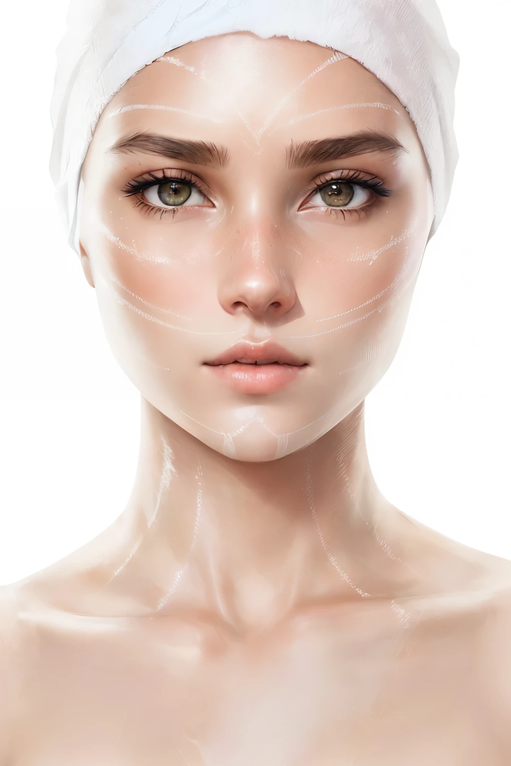 A woman with a towel wrapped around her head，Arrows painted on face, Facial symmetry, Thin surface structure, Symmetrical face, Clean, beautiful and symmetrical face, Porcelain Glow Skin, Symmetry of face and body, Perfect face shape and body structure, Clean and perfectly symmetrical face, Symmetrical face, symmetrical beautiful face, Facial symmetry feature, Beautiful face and figure