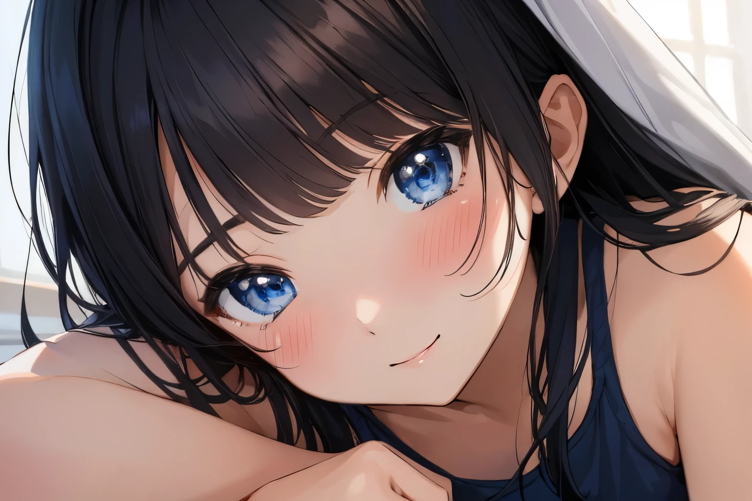 Masterpiece、highest quality、1 female、Super detailed　Black Hair、bangs　Blue Eyes、Detailed depiction of the eyes　Smiling、blush　Tank top　Face is close、Facial Close-up、Bring your head closer　Sheetsに横になる、Spread your shoulders、Put your hand here、Spread your arms　Sheets