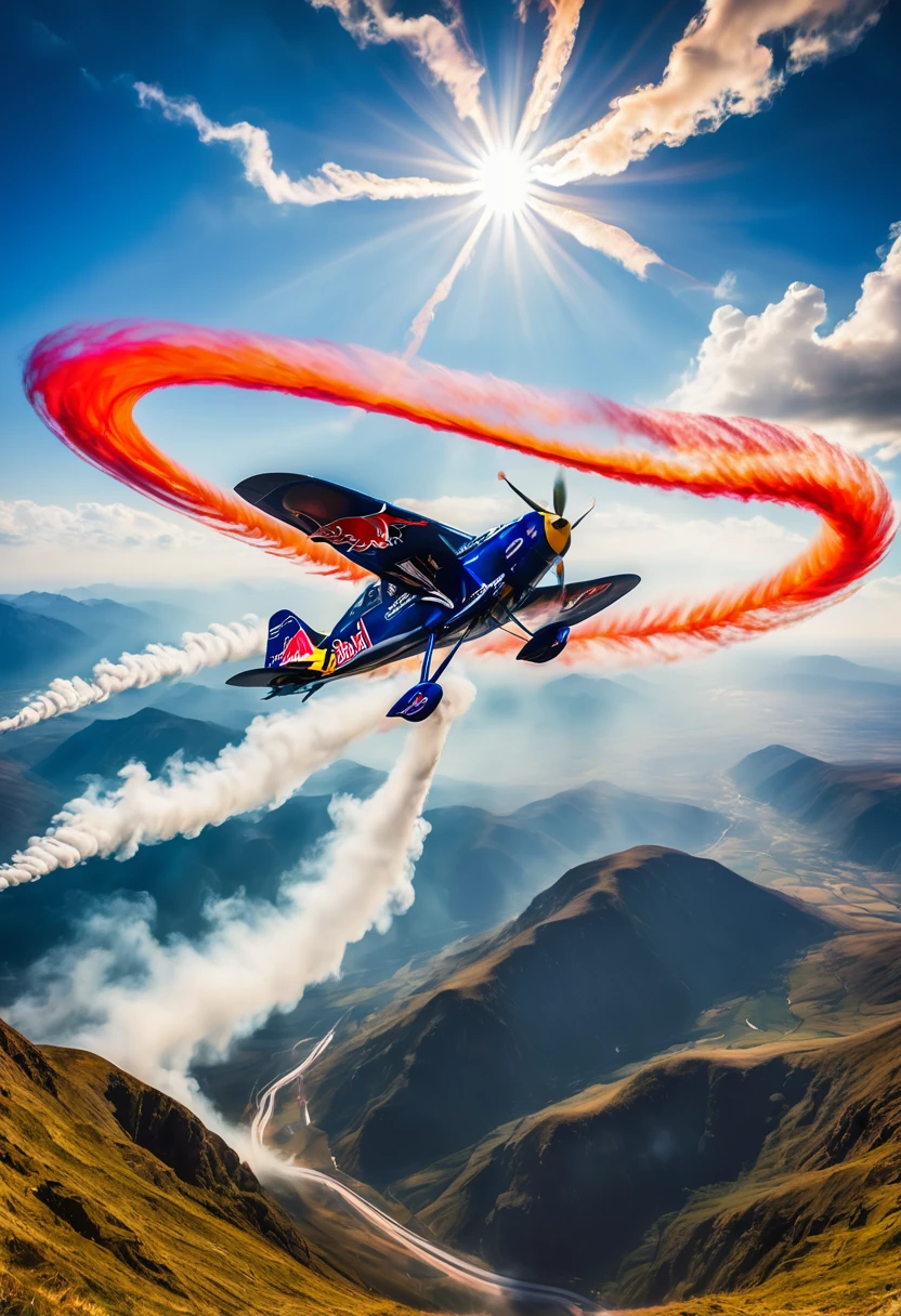 The picture shows a dynamically flying Red Bull Zivko Edge 540 looping and trailing  vapour trails, cloudy, sunny, blue sky, backlight, glistening light, 