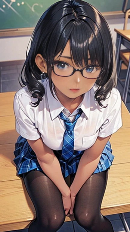 ((highest quality)), ((masterpiece)), (Very detailed), (Very high resolution), 4k, Anime 2D Rendering, Realistic,
One Girl:1.5,
BREAK Symmetrical Face:1.4, Perfect Face, Beautiful clavicle, Beautiful fingers, Beautiful breasts, (Slightly smaller chest),
Beautiful body, Beautiful thighs, Beautiful feet, Perfect round butt, (Detailed skin, Tanned dark skin:1.5, Shiny skin:1.4),
BREAK Baby Face, cute, (A little young child:1.2, ),
Double eyelids, Natural eyebrows,
(Slanted Eyes, Beautiful and delicate eyes, Sparkling eyes, Dark blue eyes),
plump mouth, Glossy mouth,
BREAK Beautiful Hair, Shiny Hair, Hair fluttering, bangs, ((Black Hair, Drill Cut Hair)),
BREAK
((Collared short-sleeved shirt, White shirt, Blue blazer, Blue plaid pleated skirt, Red tie))、(Black Pantyhose、loafers)、透け感のあるBlack Pantyhose:1.4、loafers)、
Black-rimmed glasses, Earrings、
BREAK
(Get angry, Look up here), (Character Focus, breast focus), whole body, (sunlight), classroom