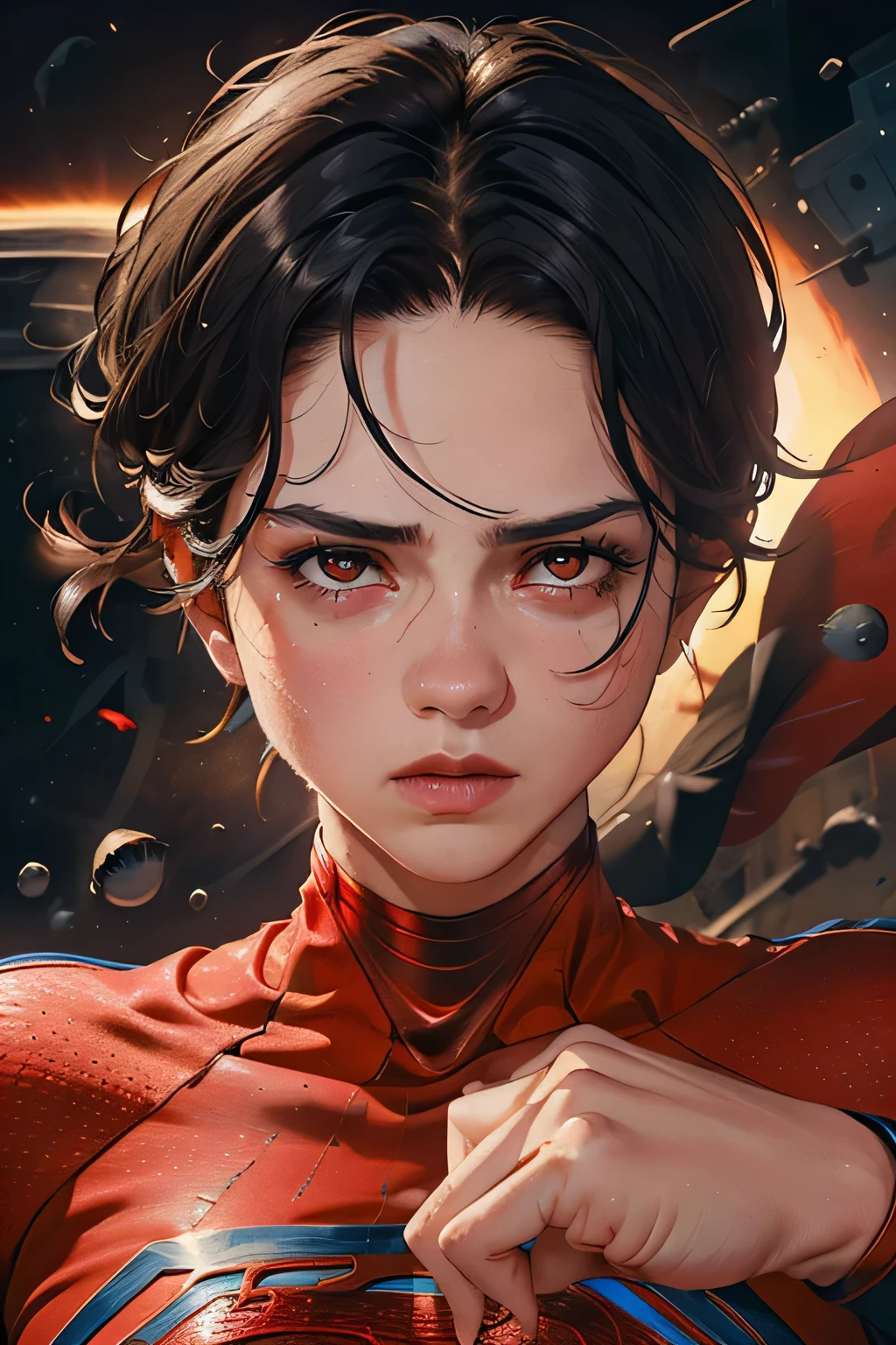 (masterpiece:1.3), (8k, Realistic, RAW Photos, highest quality: 1.4), Absurd, Charm, Ultra-high resolution, Ultra-realistic, Very detailed, Golden Ratio, (Realistic), (Best Shadow), Low contrast, (Complex:1.4), Side lighting, 8K, Beautiful Face, (Realistic Face), Beautiful hairstyle, Realistic eyes, Beautiful fine details, (Realistic Skin), Beautiful Skin, (One girl), ((Sasha Calle)), ((SUPER GIRL)), (Accurate hand and finger depiction), Supergirl Women, ((Red cloak)), (Black Hair, Handsome Short:1.3), glamorous, (Angry expression:1.0), ((Red eyeball:1.4)), (Flushed), Sweat, (Earth from Space), cowboy shot