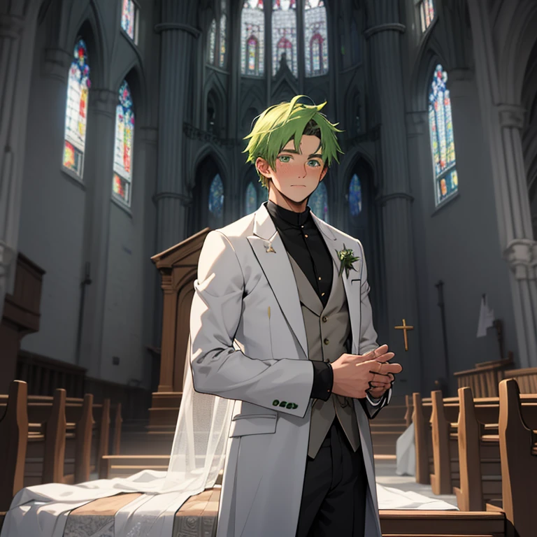 (masterpiece, best quality ), 1man, short green hair, green eyes, intricate, (church) , half body, white awedding royal suit, vivid colors,(depth of field:1.1),blush, looking at viewer, standing on the altar, visible pectorals
