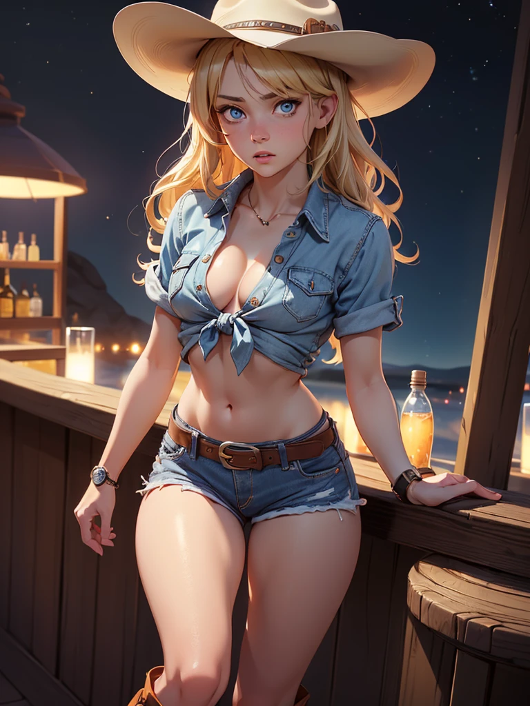 (((1 person:2.0))),(((Cowgirl Costume))),(((Low waist denim shorts))),(((Wear a western hat))),(((Wear one leather belt))),(((He is wearing short sleeves, Plaid, front tie shirt.))),(((wearing a watch))),(((short boots))),(((Showing cleavage))),(((Showing your belly button))),(((Exposed thin inner thighs))),(((Small breasts:1.5))),(((Bare arms))),(((Her hair is blonde))),, Beautiful detailed girl, Very detailed目と顔, 緻密でBeautiful Eyes, Very detailed, High resolution, highest quality, masterpiece, Very detailed, 8k wallpaper, wonderful, finely, highest quality, The light shines on your face,(Night Bar),Beautiful Eyes,(((Frightened face:1.0))),(((Open your mouth:0.5))),Cowboy Shot