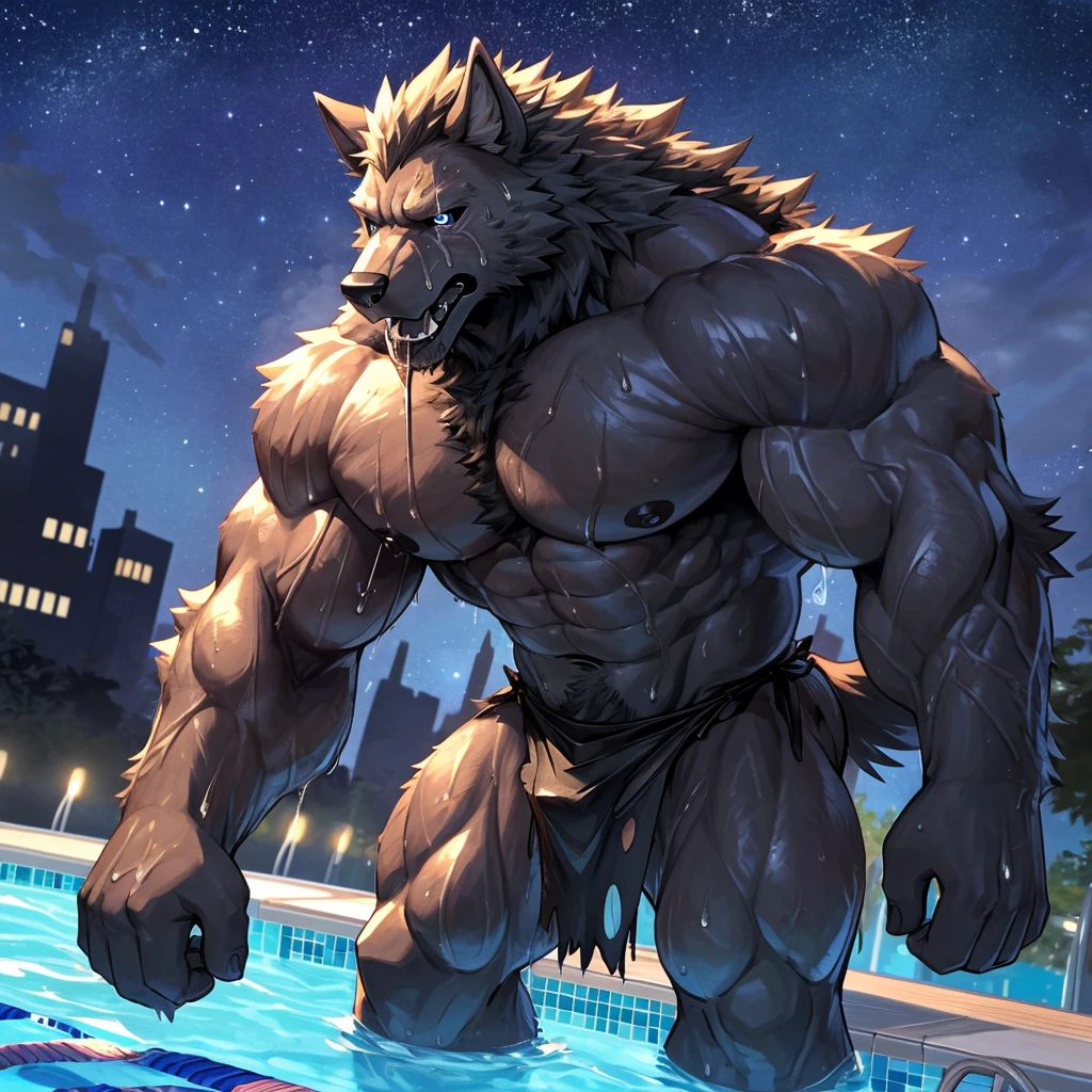 (highest quality:1.2), (masterpiece:1.2), anime, ultra detailed, angle from bottom
, Shaggy male black wolf, Black Wolf, great physique,Strong arms, manly, bodybuilder, (Fine veins:1.5)
, (Excessive sweating:1.5), (Sweat all over the body:1.5)
, Look up to the sky, (Torn black loincloth:1.3)

, Fine grain, (ultra detailed eyes:1.4), black sclera, lightblue pupil
, black tongue, A large amount of saliva, Tears dripping


,From null-ghost, (Poolside:1.5), The background is a forest, (City lights:1.1), end:night、in the starry sky
