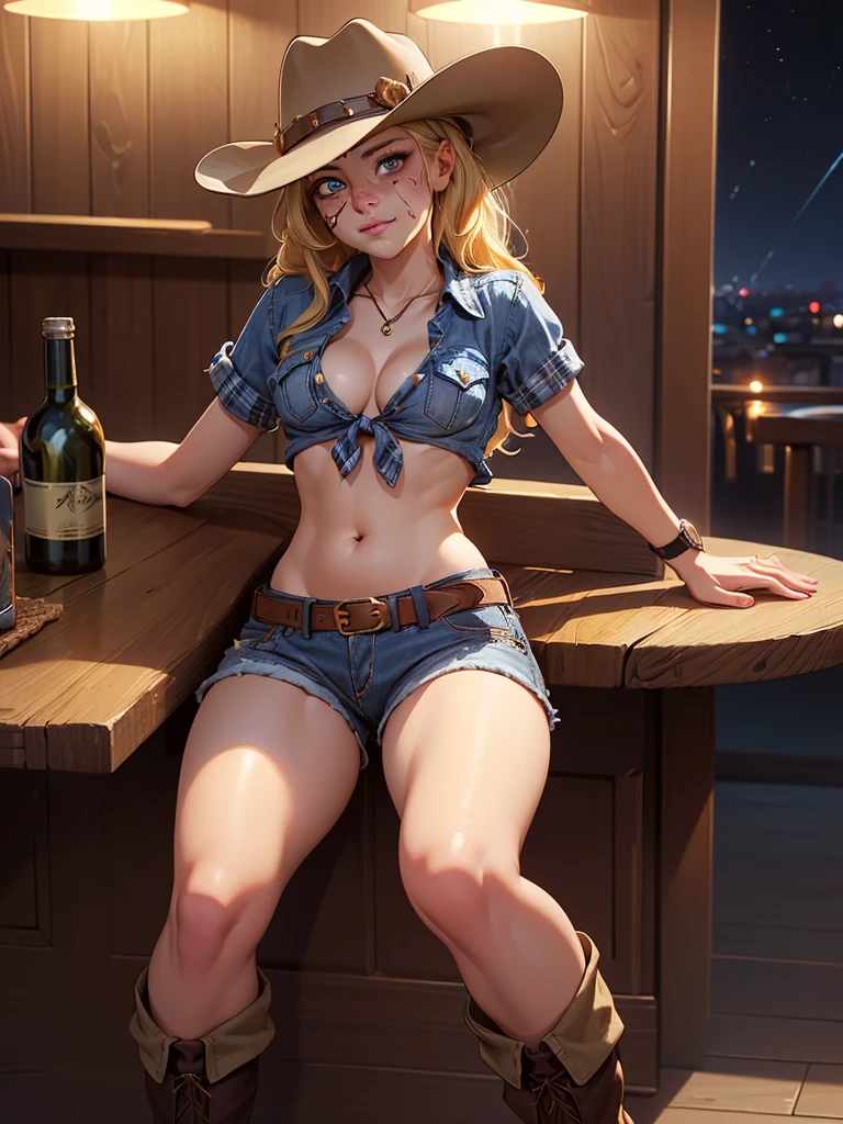 (((1 person:2.0))),(((Cowgirl Costume))),(((Low waist denim shorts))),(((Wear a western hat))),(((Wear one leather belt))),(((He is wearing short sleeves, Plaid, front tie shirt.))),(((wearing a watch))),(((short boots))),(((Showing cleavage))),(((Showing your belly button))),(((Exposed thin inner thighs))),(((Small breasts:1.5))),(((Bare arms))),(((Her hair is blonde))),, Beautiful detailed girl, Very detailed目と顔, 緻密でBeautiful Eyes, Very detailed, High resolution, highest quality, masterpiece, Very detailed, 8k wallpaper, wonderful, finely, highest quality, The light shines on your face,(Night Bar),Beautiful Eyes,(((Drunk face:1.3))),(((Open your mouth:0.5))),Cowboy Shot