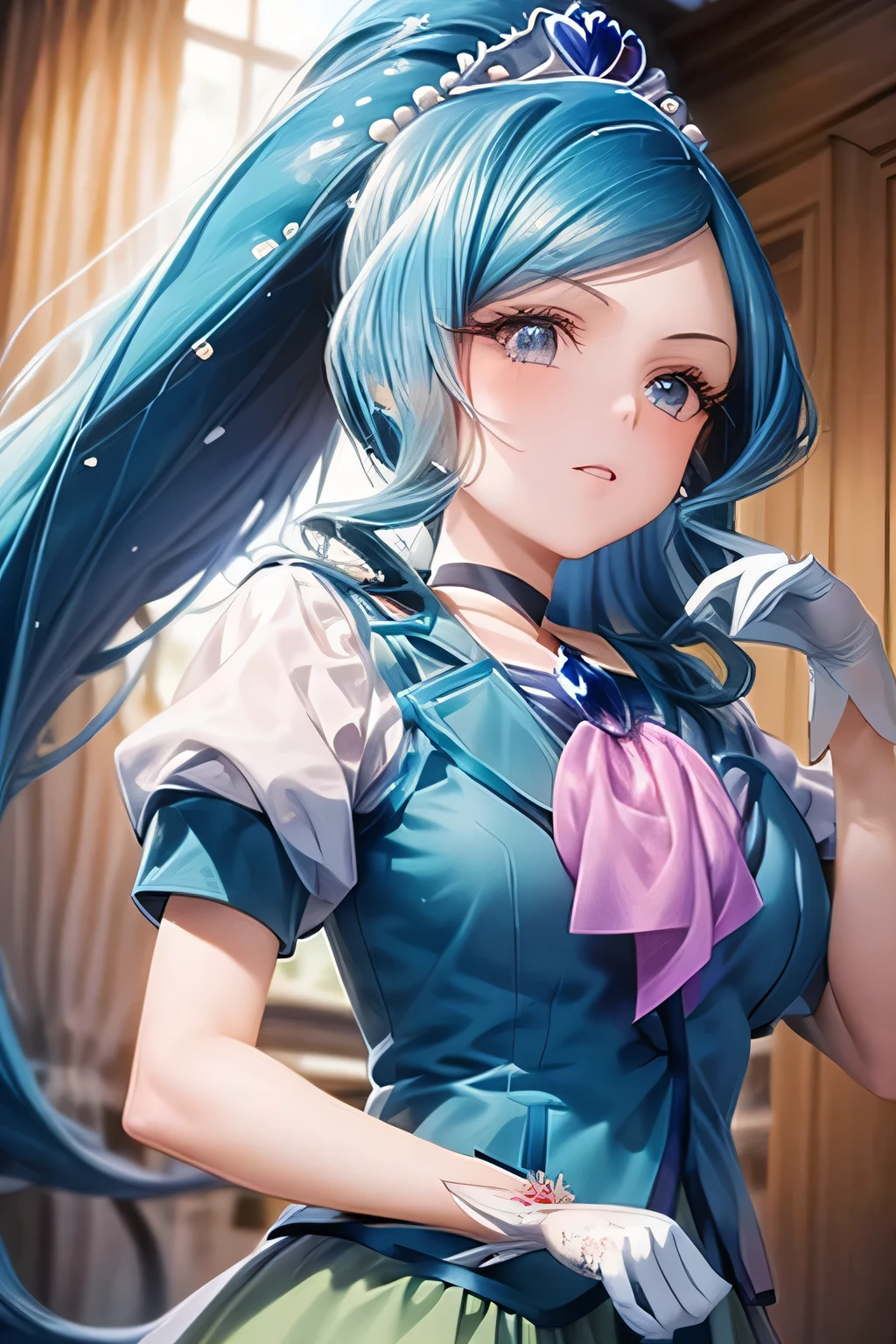 (masterpiece:1.2), best quality, high resolution, unity 8k wallpaper, (illustration:0.8), (beautiful detailed face:1.2, beautiful detailed eyes:1.2), perfect lighting, extremely detailed CG, (perfect hands, perfect anatomy), 

Cute, beautiful, charming lady, shiny hair, lustrous skin, beautiful light big eyes, 
milf, married woman, soft With a gentle appearance and a gentle mother-like atmosphere,
Feminine style, beautiful kubire, beautiful, naughty face,

fontaine_a, long hair, blue hair, split ponytail, blue eyes, tiara, heart hair ornament, earrings, choker, brooch, cure fontaine costume, white gloves, ascot, vest, layered skirt, blue boots, knee boots,  