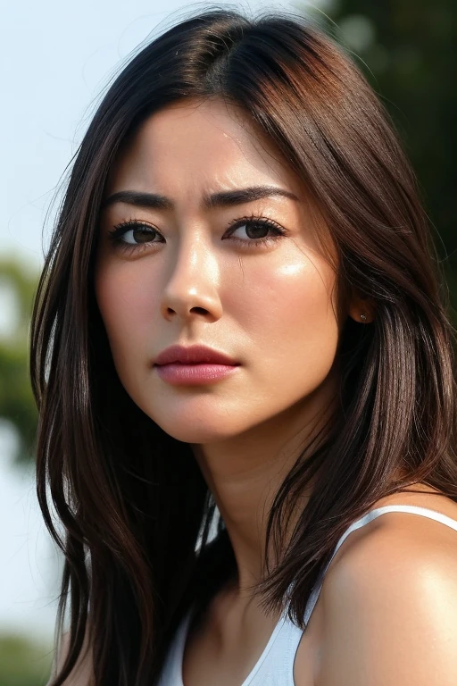 Beautiful Japanese actresses,1 girl,flying debris,,Award-winning photo, Very detailed, Keep your eyes focused, Nose and mouth,Face Focus, Extreme close up of face、 Age 35,Brown Hair、Symmetrical face,Realistic nostrils、Angle from below、Elongated C-shaped nostrils,(Sharp Nose)Sweaty skin、Shiny skin,(Brow wrinkles))(Cum on tongue)、((Thin eyebrows))Oily skin、Glowing Skin、double eyelid、、Beautiful woman、Medium Hair、Shortcuts、Tank top,I can see the sky、Shibuya Center Street、(((Show your side,throw))),Raise your eyebrows, (((Hold your mouth, Frowning, crazy, Frowning))), Textured skin,Long upper arms,((Cry with your eyes open, blush, Drunk, The face of endurance))Squat,Large Breasts,((Always lift your arms and show your sides))Long arms,scowl,smelling, annoyed, sad, sleepy, grimace, endured face